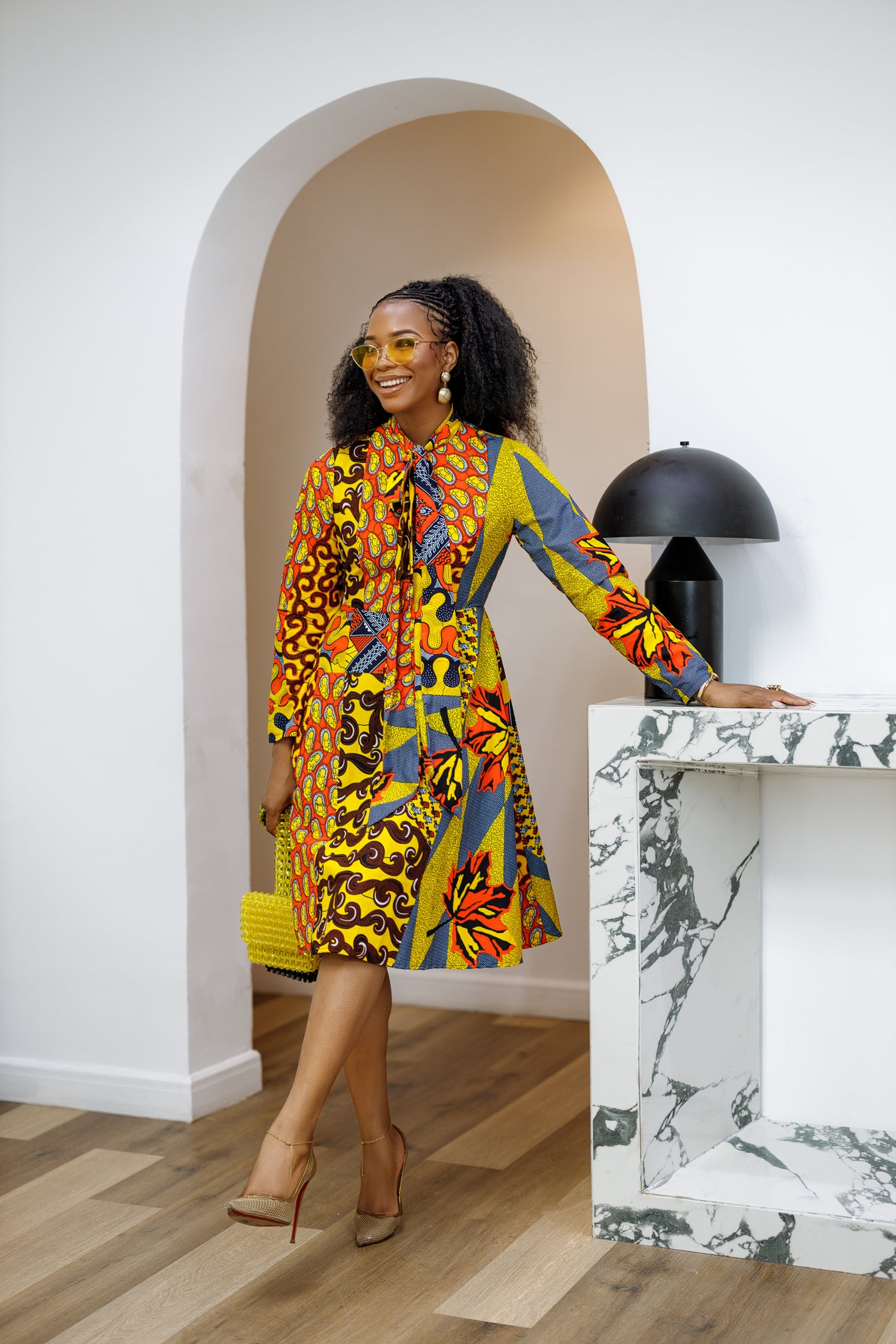 print tie dress Yellow-Cream Print Printed Tie Belt Dress F01100