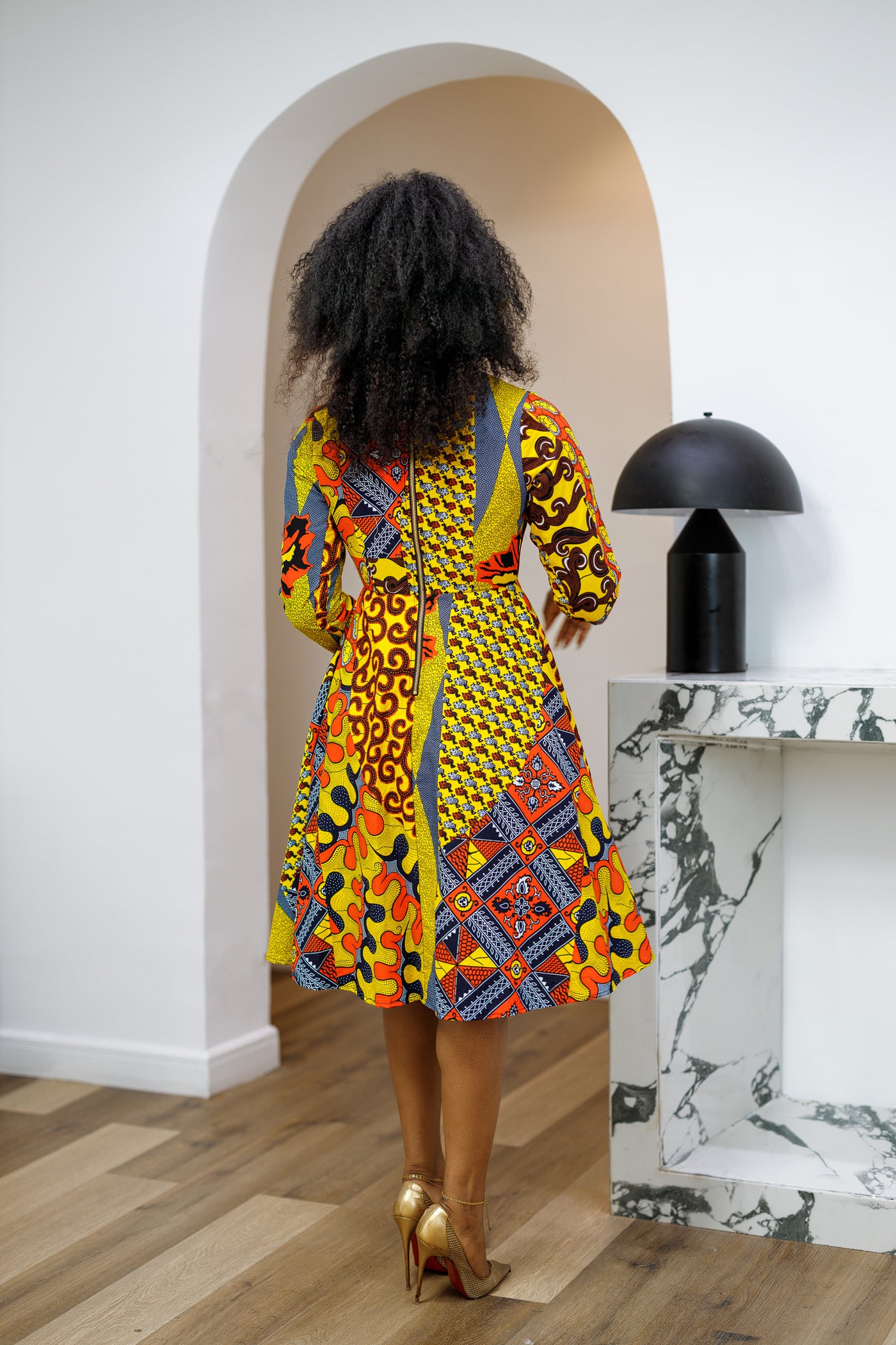 GILDA AFRICAN PRINT TIE-NECK MIDI DRESS [PATCHWORK]