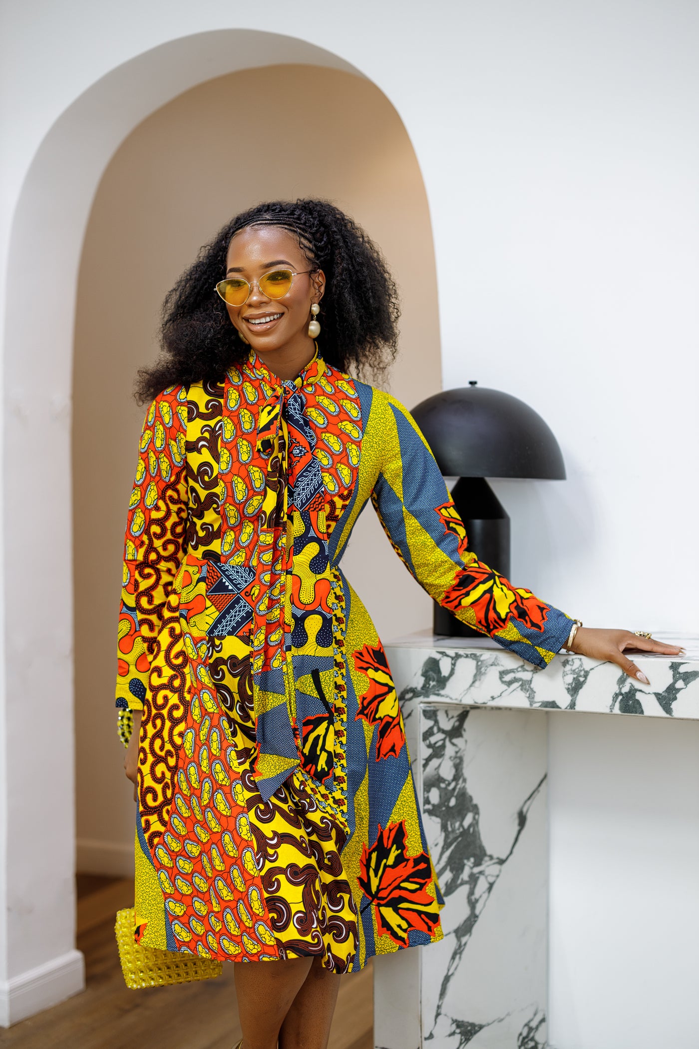 GILDA AFRICAN PRINT TIE-NECK MIDI DRESS [PATCHWORK]