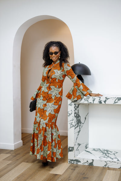 VIMBAI AFRICAN PRINT FLARE SLEEVE MAXI DRESS