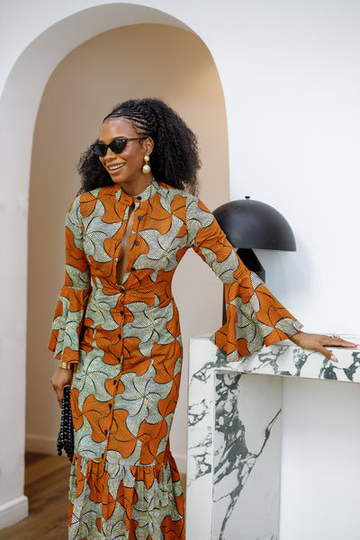 VIMBAI AFRICAN PRINT FLARE SLEEVE MAXI DRESS