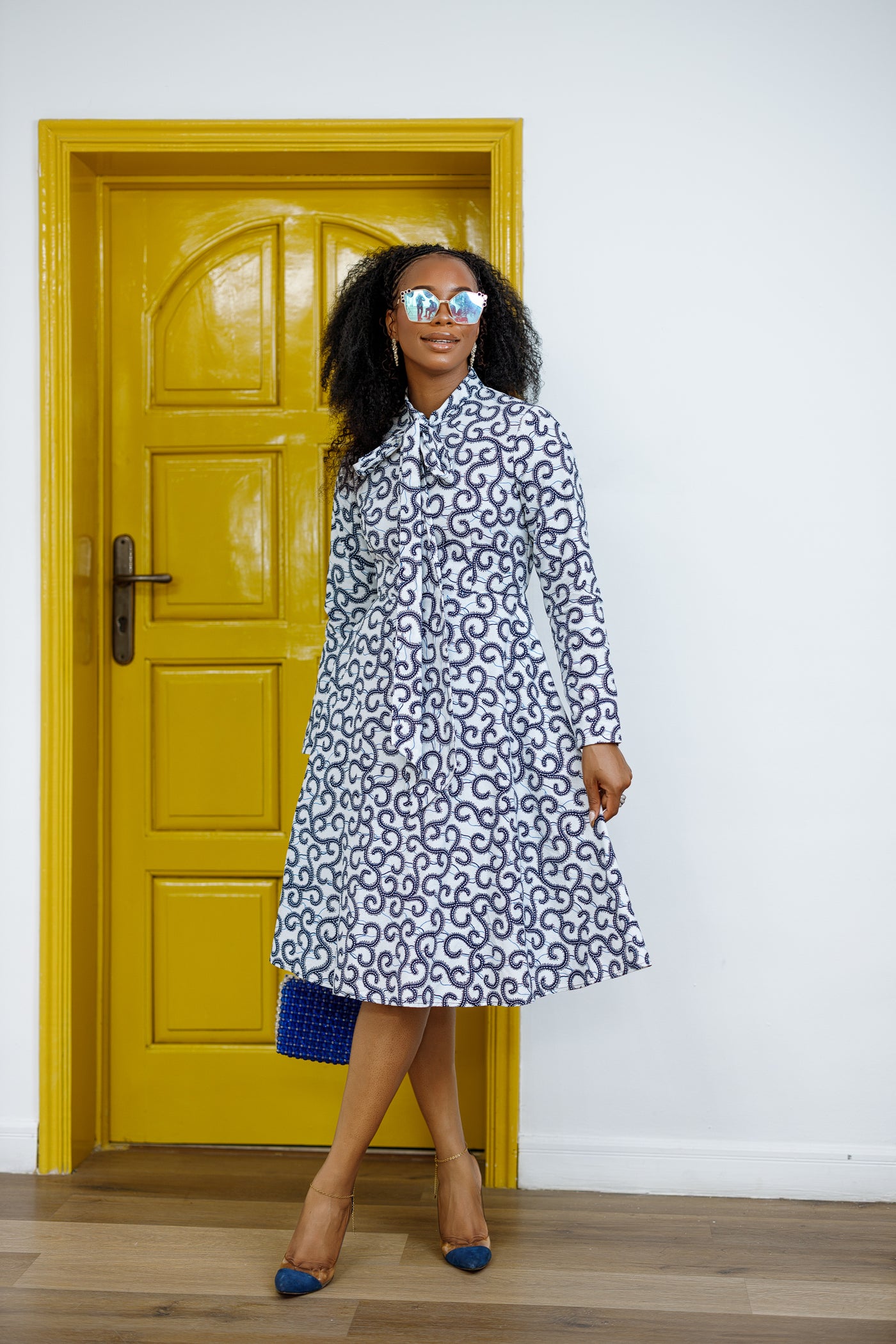 tie neck midi dress Donna Karan Women's Satin Polka-Dot Tie-Neck Midi Dress in Cielo/Cream Blue, Size 6