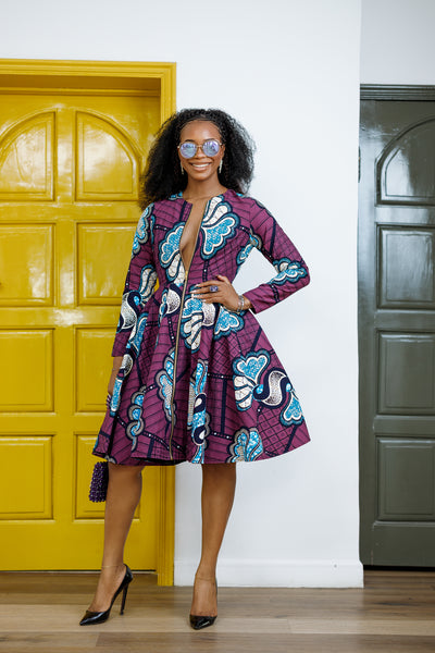KEITA AFRICAN PRINT ZIP FRONT FLARE DRESS [PURPLE]