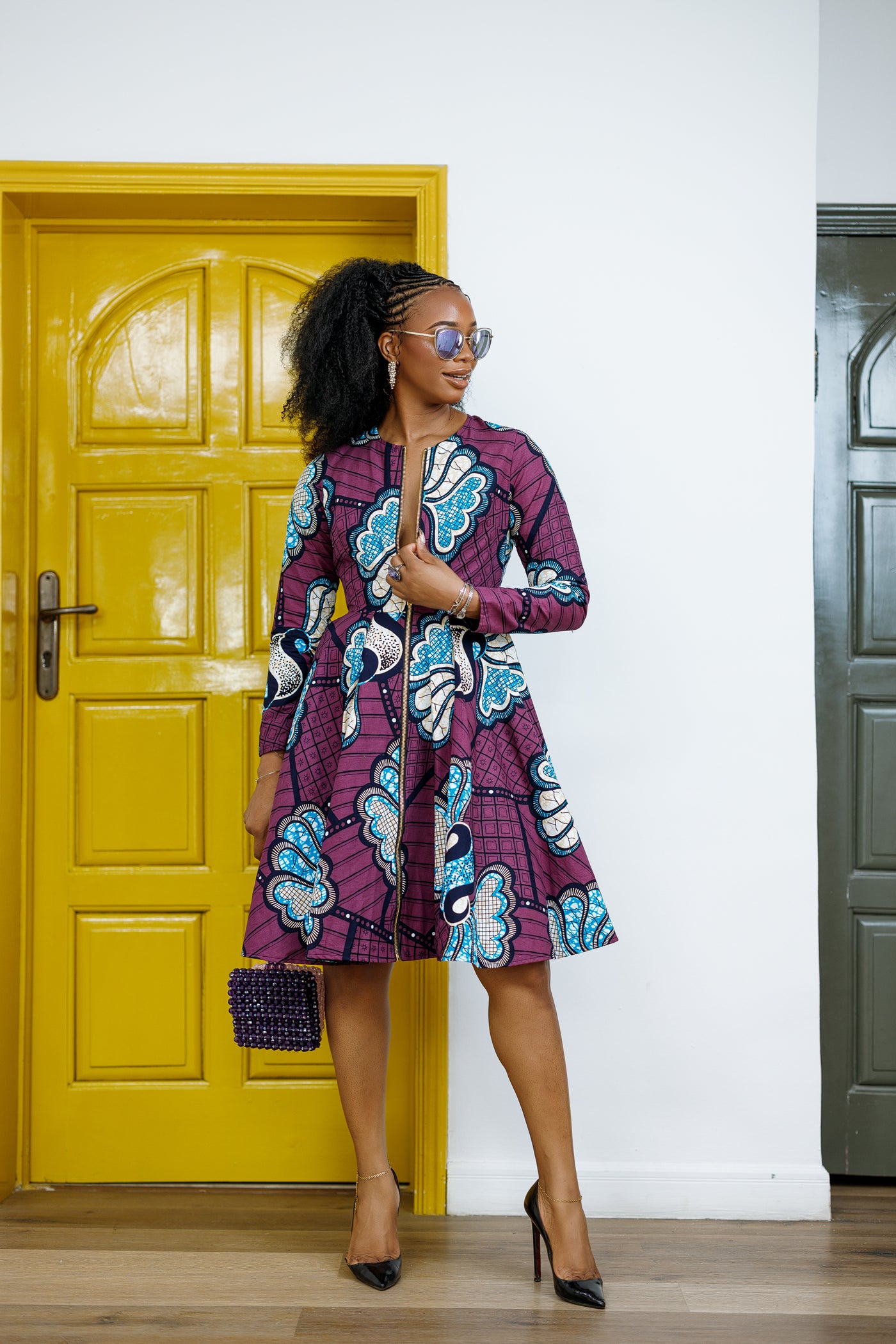 KEITA AFRICAN PRINT ZIP FRONT FLARE DRESS [PURPLE]