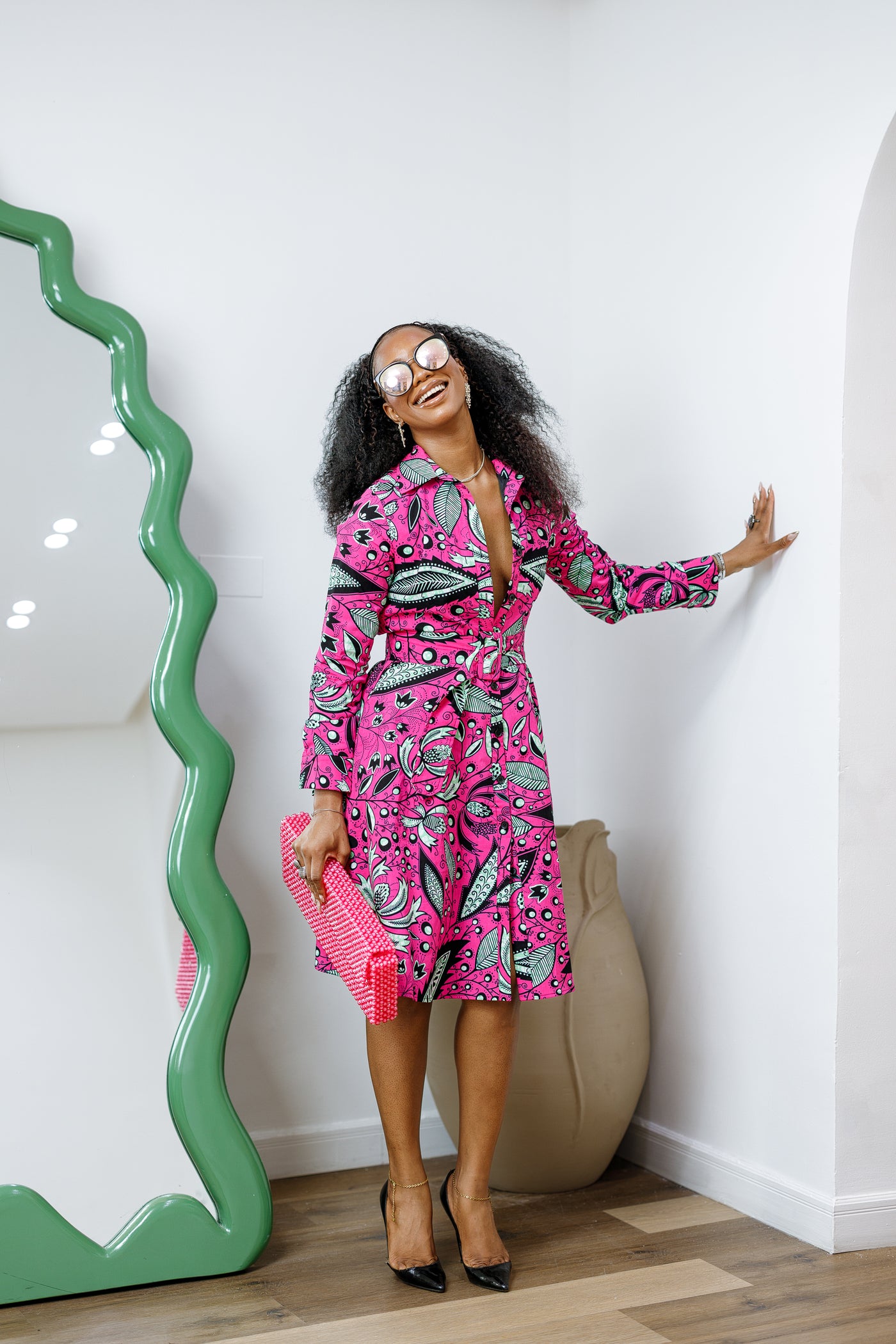 ELIZABETH AFRICAN PRINT BUTTON DOWN DRESS [PINK]