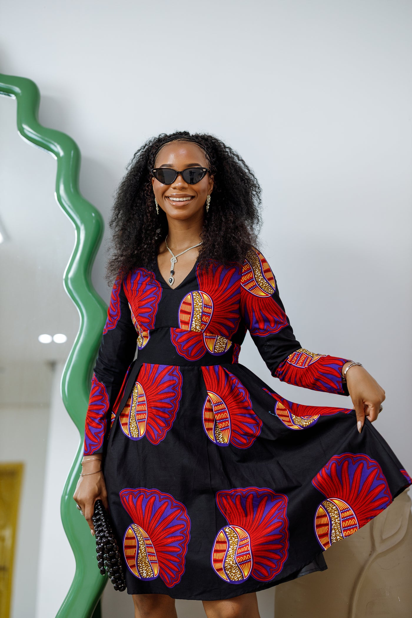 HIJA AFRICAN PRINT LONG SLEEVE MIDI DRESS