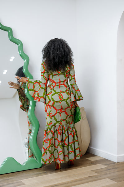 VIMBAI AFRICAN PRINT FLARE SLEEVE MAXI DRESS [MULTICOLOR]