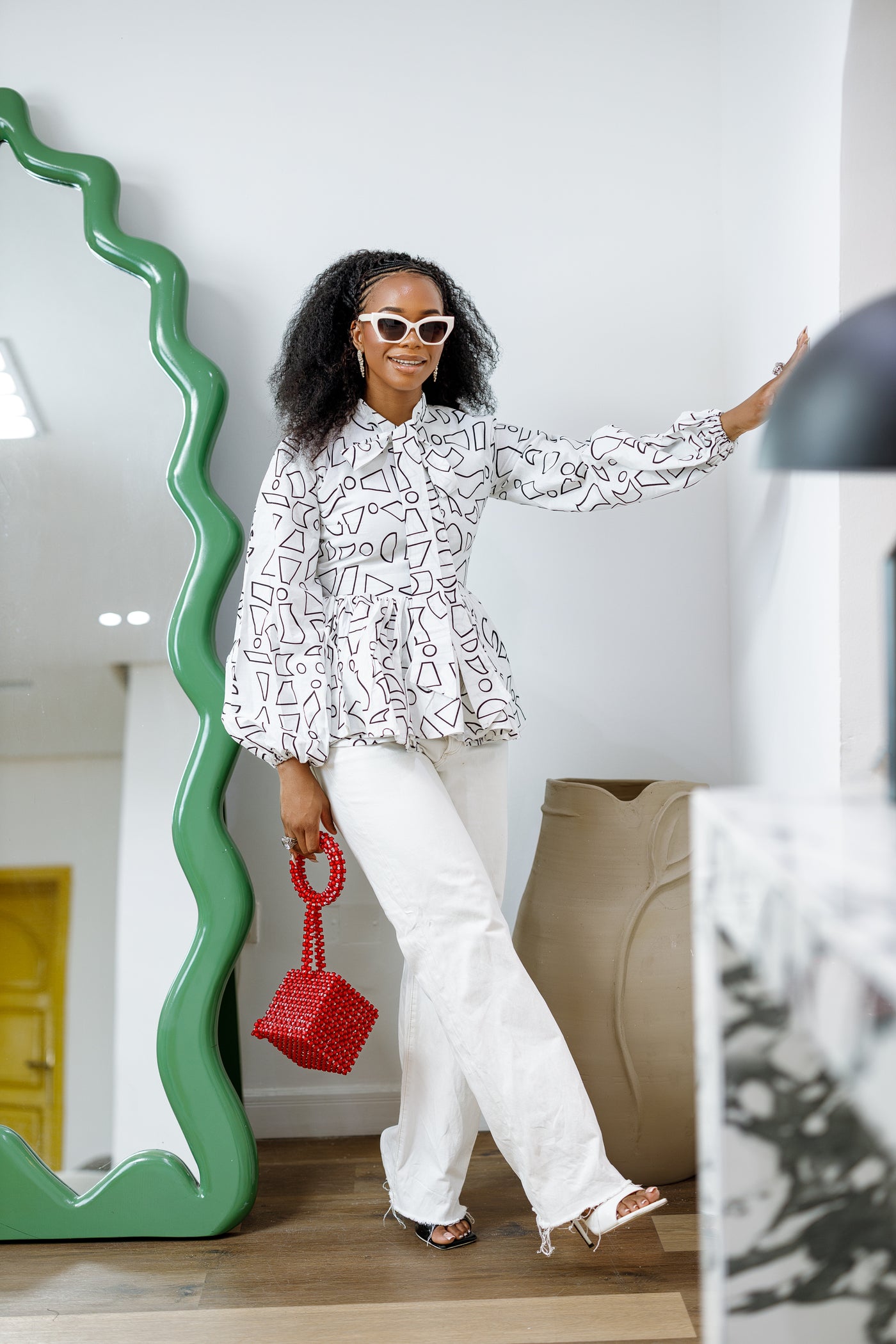 BIBI AFRICAN PRINT TIE NECK PEPLUM TOP [WHITE]