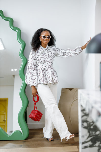 BIBI AFRICAN PRINT TIE NECK PEPLUM TOP [WHITE]