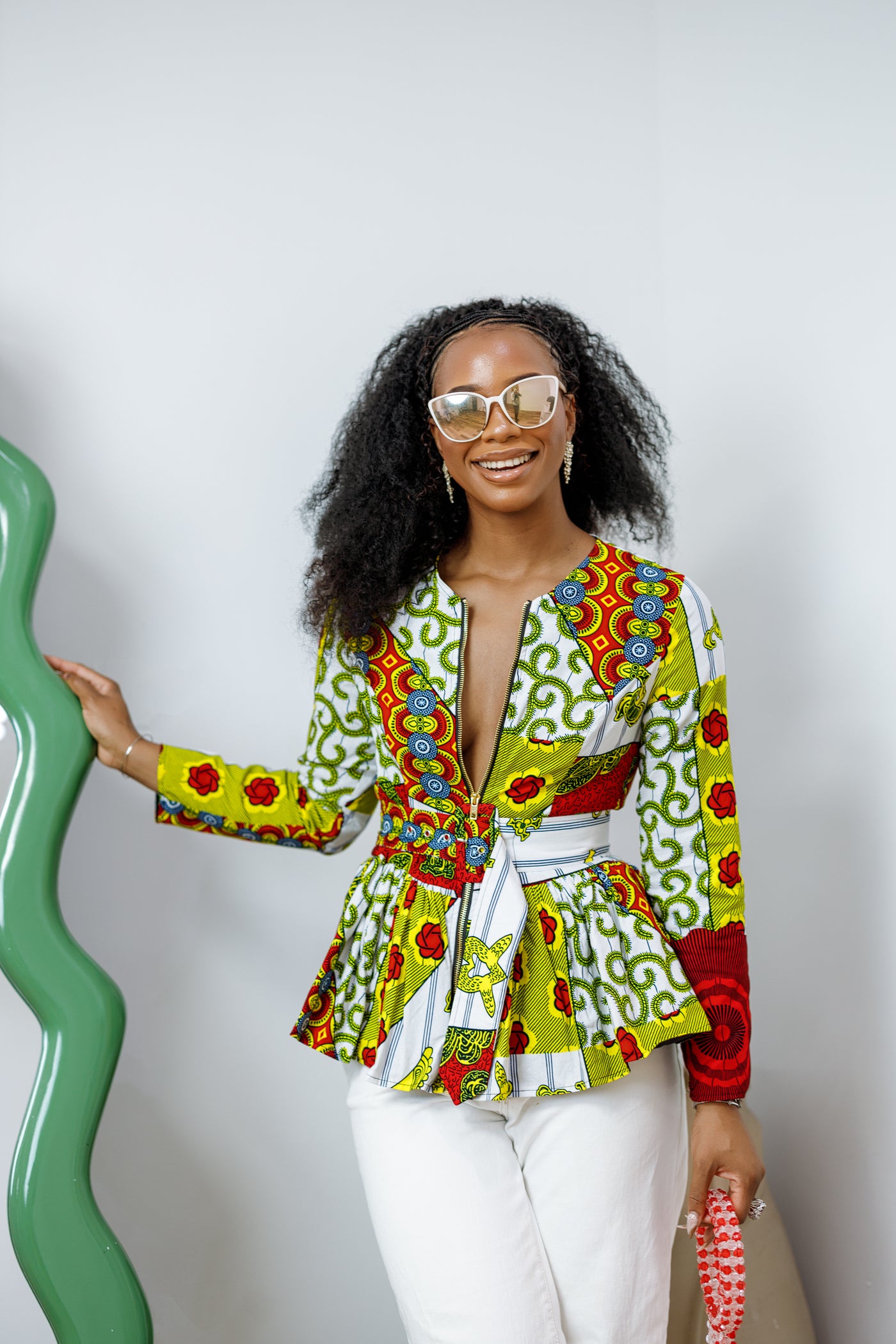 GABRIELLA AFRICAN PRINT FRONT ZIPPER PEPLUM TOP [MULTICOLOR]