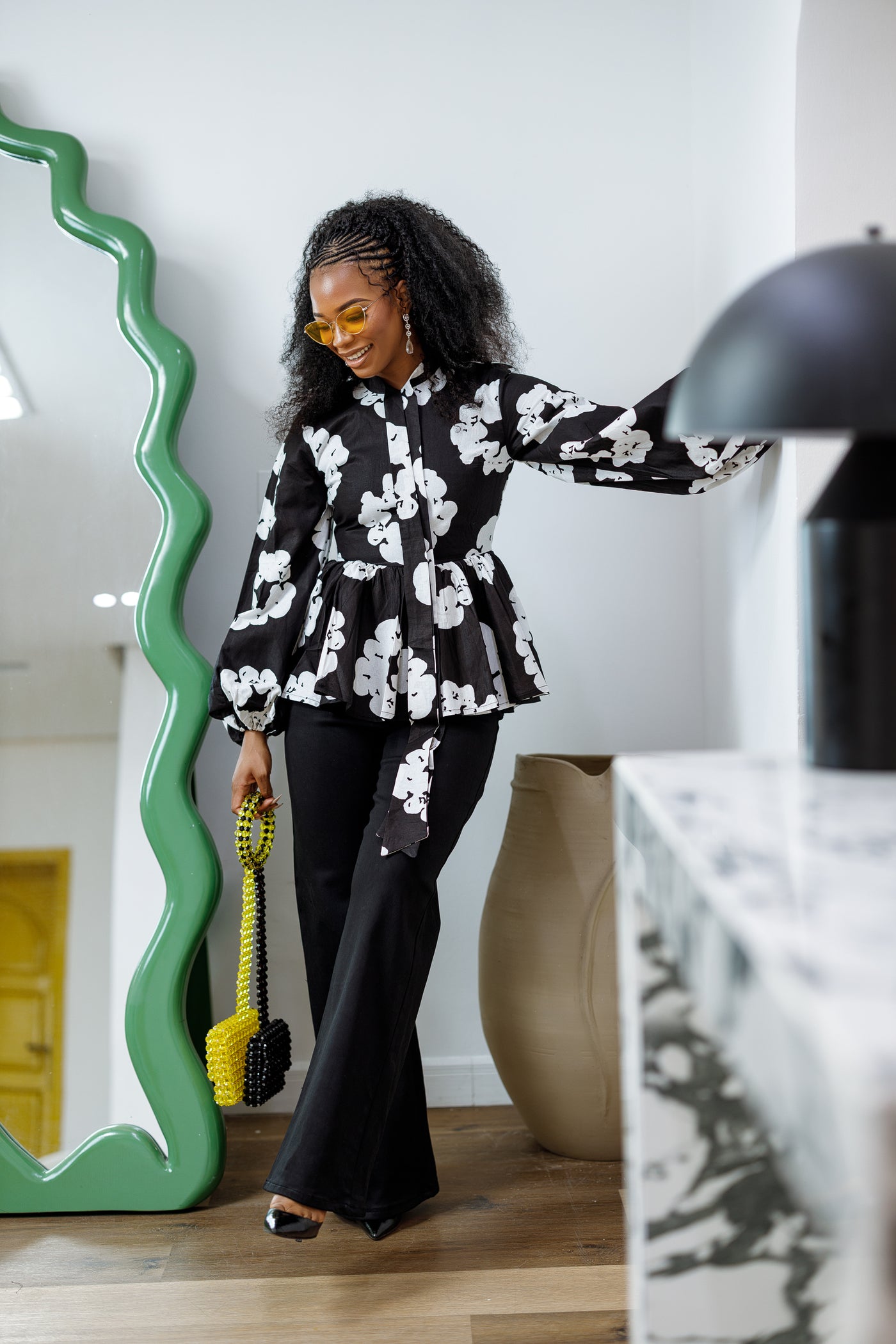 BIBI AFRICAN PRINT TIE NECK PEPLUM TOP [BLACK]