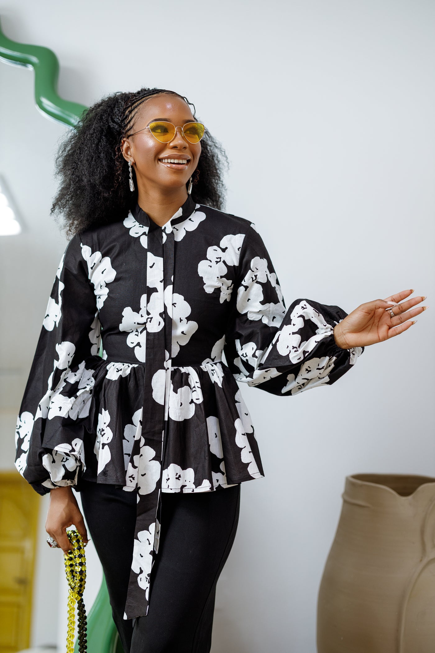 BIBI AFRICAN PRINT TIE NECK PEPLUM TOP [BLACK]