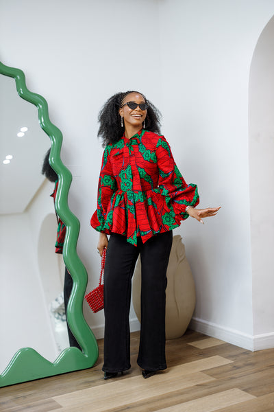 BIBI AFRICAN PRINT TIE NECK PEPLUM TOP [RED]