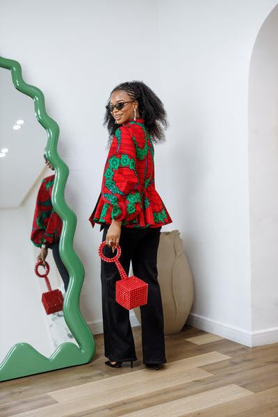 BIBI AFRICAN PRINT TIE NECK PEPLUM TOP [RED]