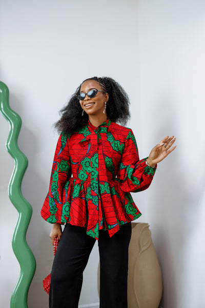 BIBI AFRICAN PRINT TIE NECK PEPLUM TOP [RED]
