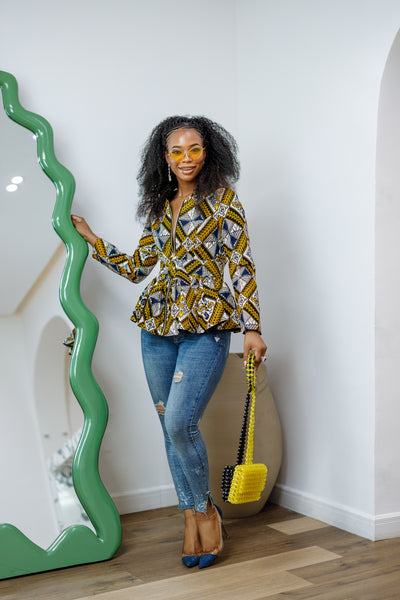 GABRIELLA AFRICAN PRINT FRONT ZIPPER PEPLUM TOP