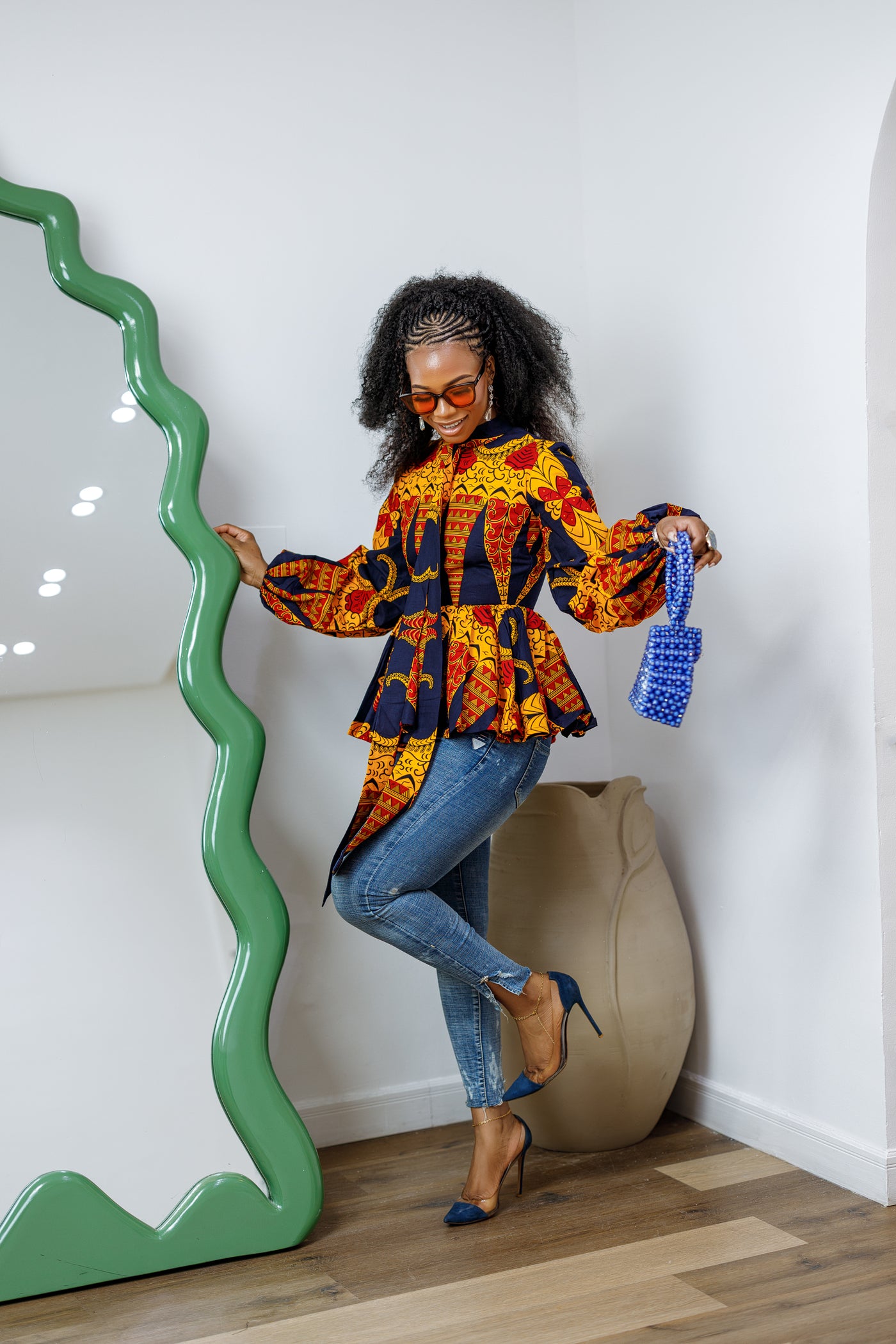 BIBI AFRICAN PRINT TIE NECK PEPLUM TOP [ORANGE]