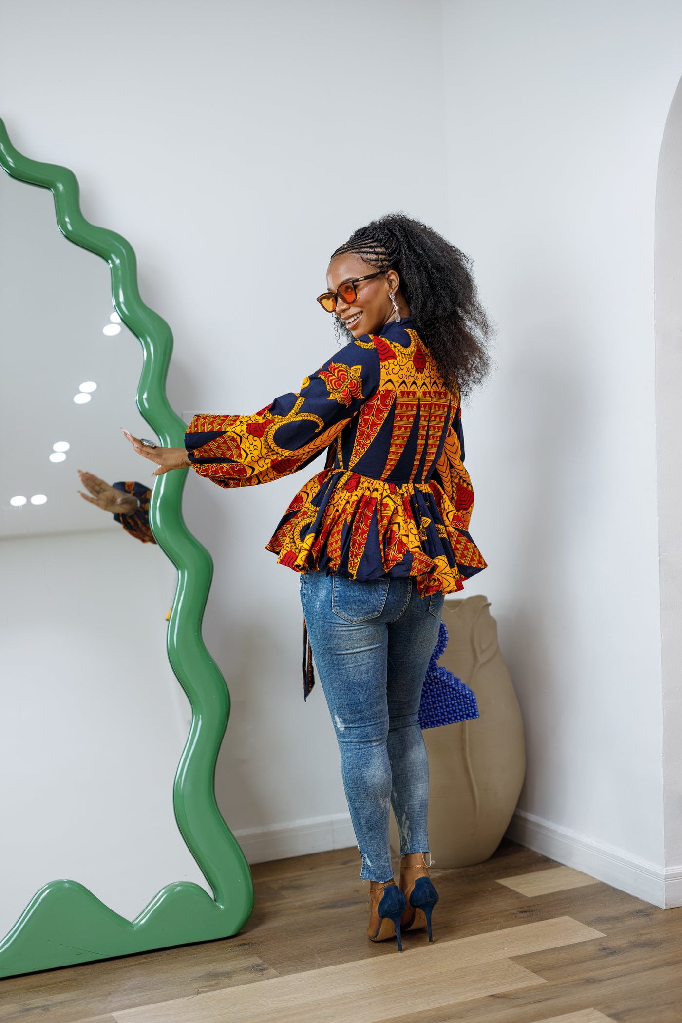 BIBI AFRICAN PRINT TIE NECK PEPLUM TOP [ORANGE]