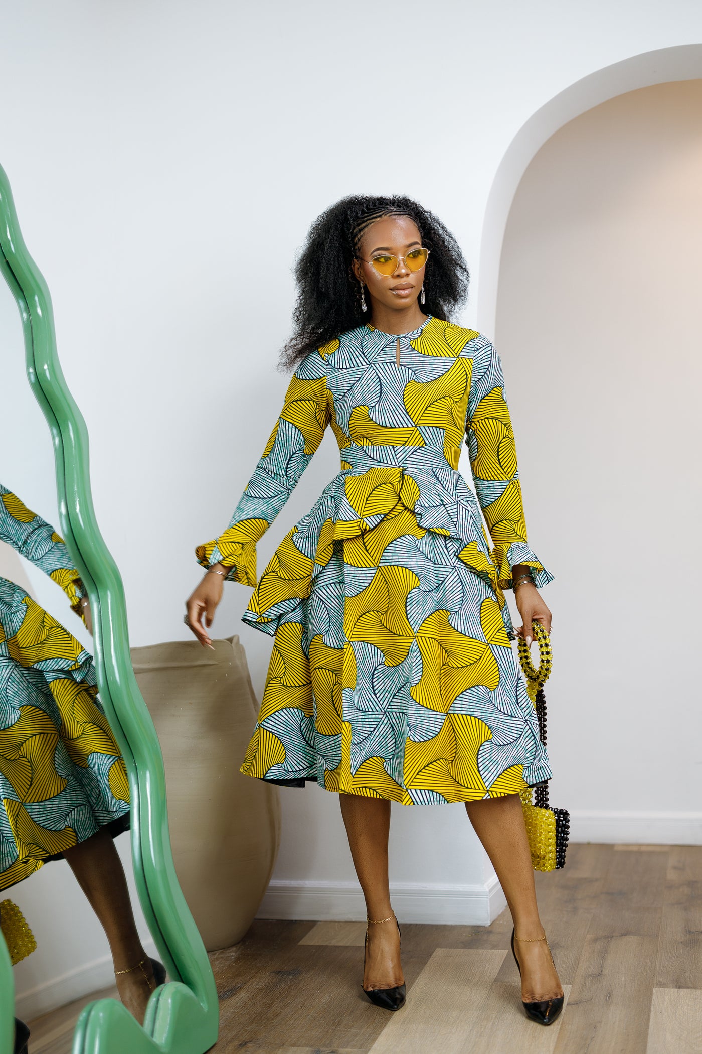 KOFI AFRICAN PRINT LAYERED FLARE MIDI DRESS [TEAL GREEN]