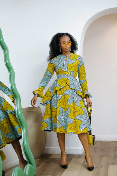 KOFI AFRICAN PRINT LAYERED FLARE MIDI DRESS [TEAL GREEN]