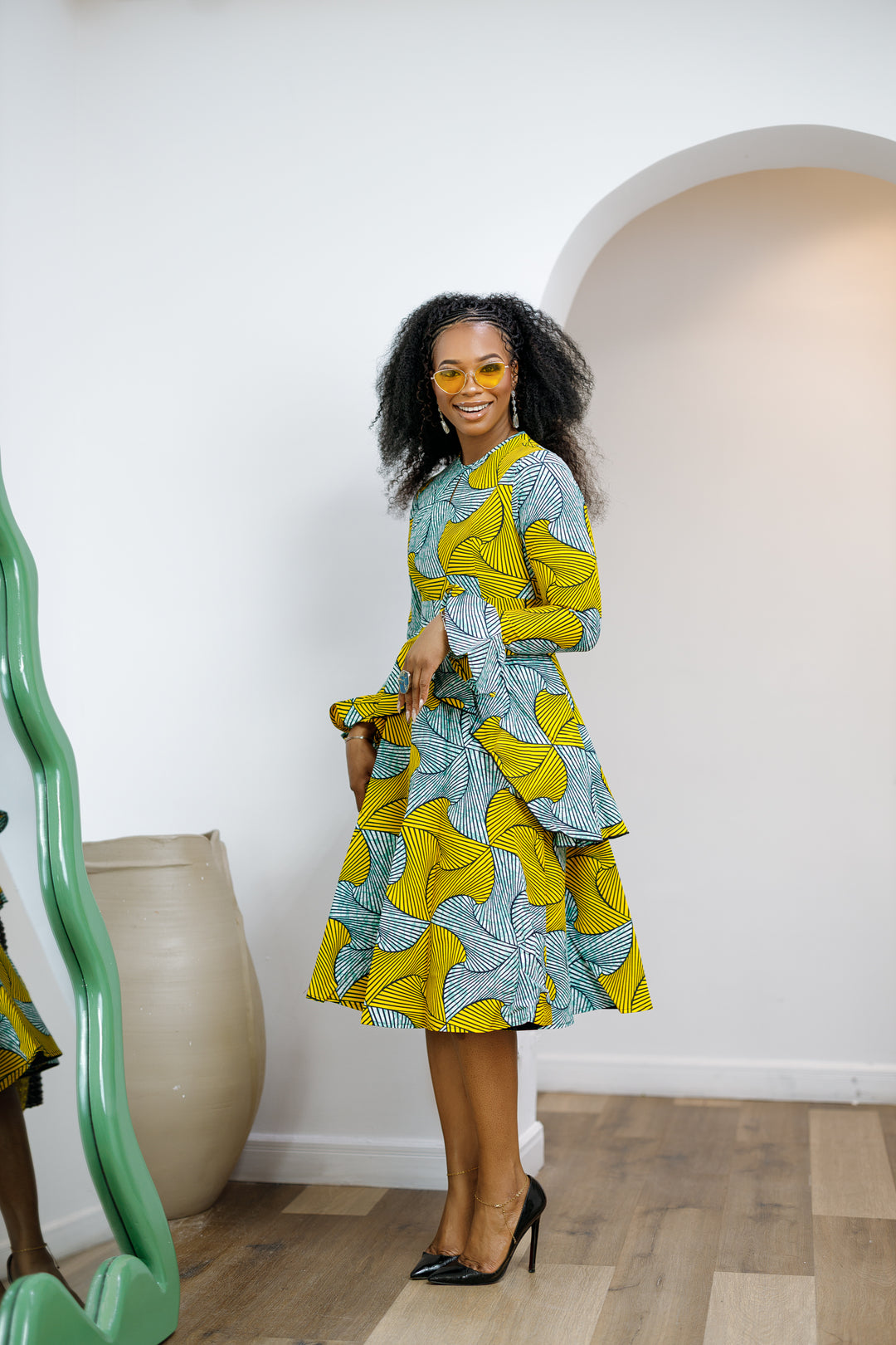 KOFI AFRICAN PRINT LAYERED FLARE MIDI DRESS [TEAL GREEN]----FINAL
