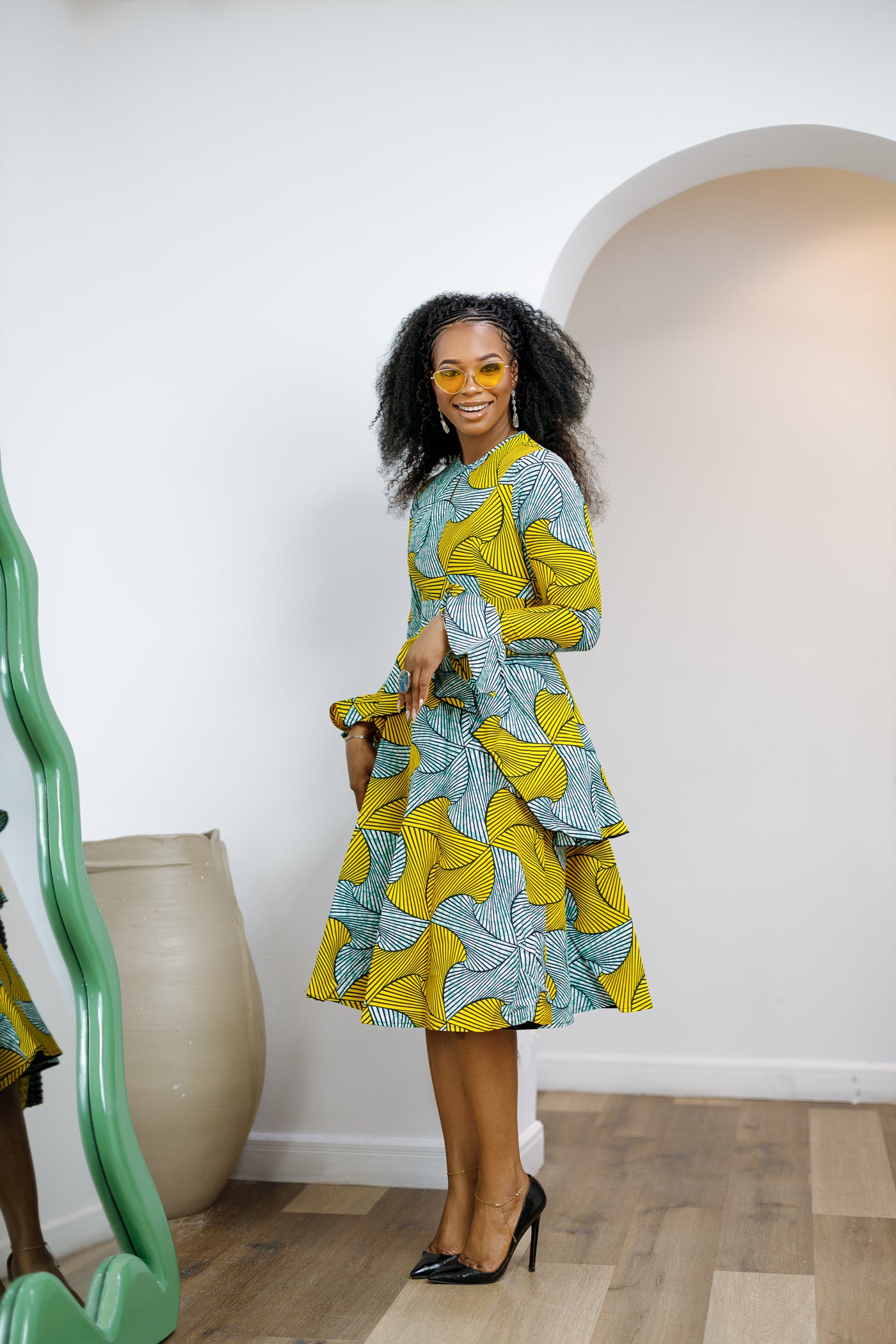 KOFI AFRICAN PRINT LAYERED FLARE MIDI DRESS [TEAL GREEN]