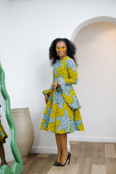 KOFI AFRICAN PRINT LAYERED FLARE MIDI DRESS [TEAL GREEN]