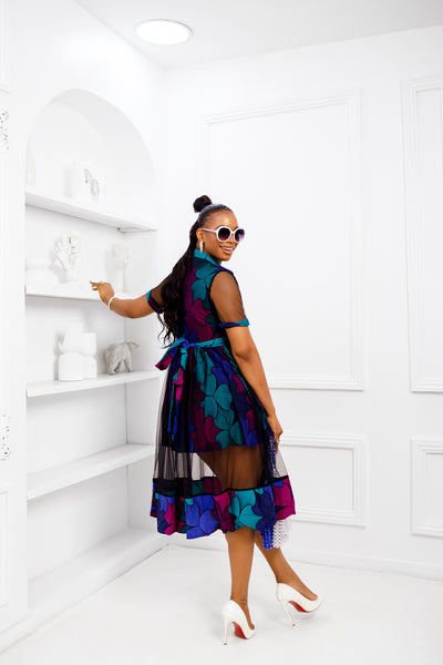 VALENTINA AFRICAN PRINT BUTTON MESH DRESS [MULTICOLOR]
