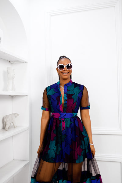 VALENTINA AFRICAN PRINT BUTTON MESH DRESS [MULTICOLOR]