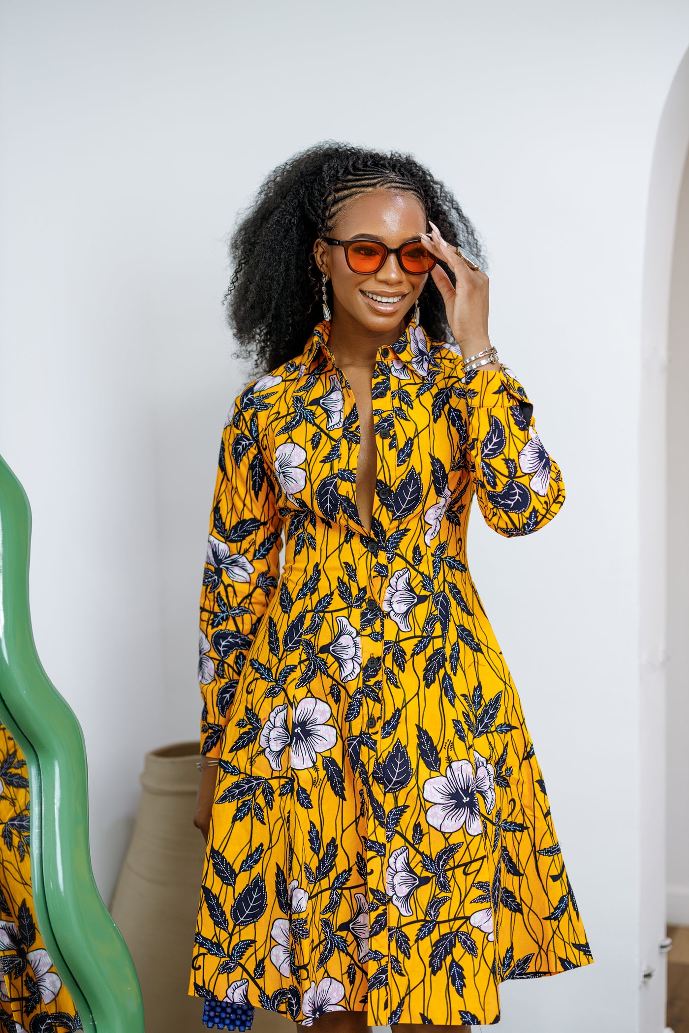 VERA AFRICAN PRINT FLARE SHIRT MIDI DRESS [YELLOW]
