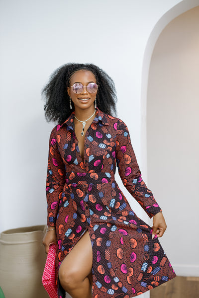 VERA AFRICAN PRINT FLARE SHIRT MIDI DRESS