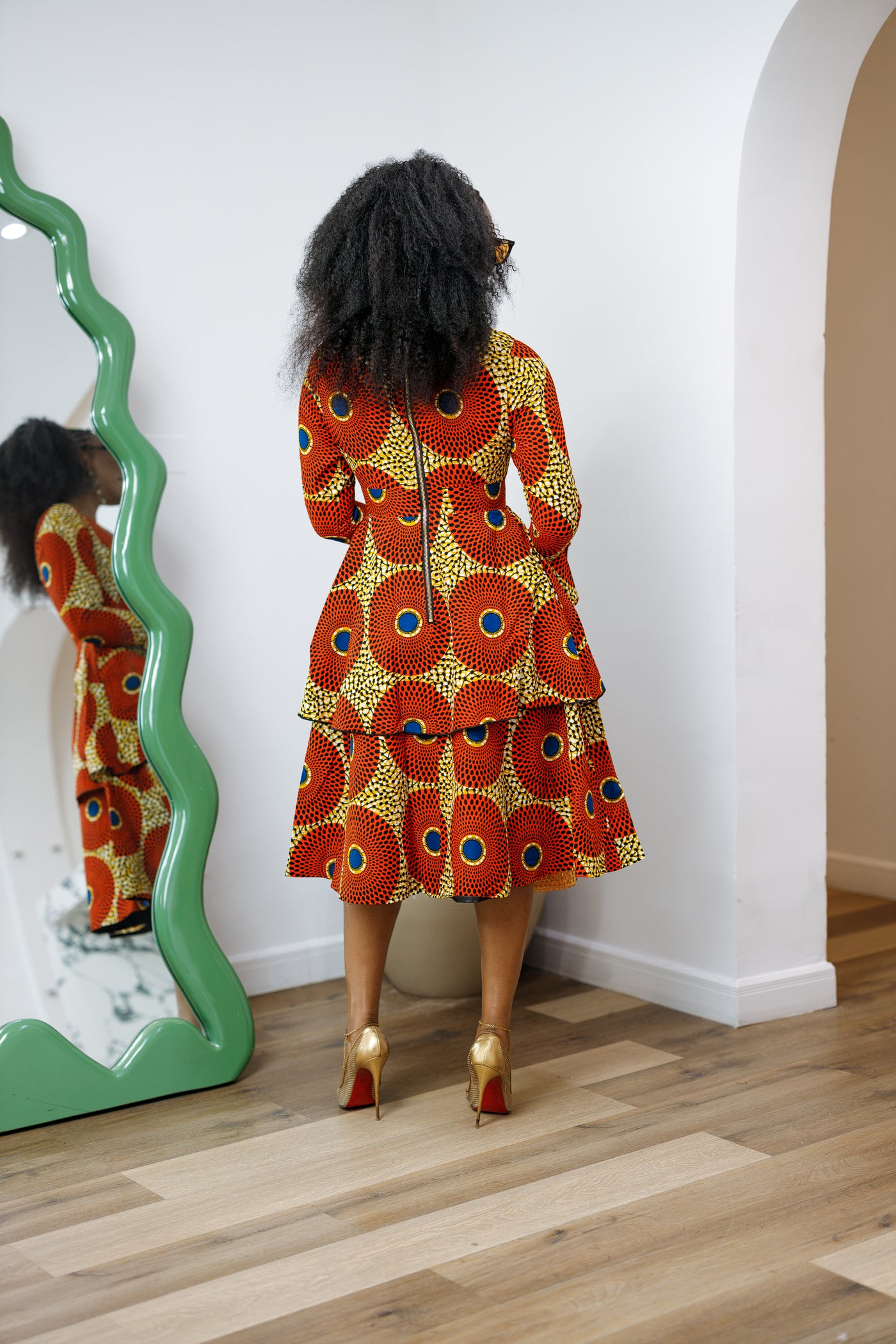 KOFI AFRICAN PRINT LAYERED FLARE MIDI DRESS [ORANGE]