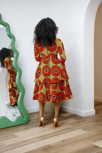 KOFI AFRICAN PRINT LAYERED FLARE MIDI DRESS [ORANGE]