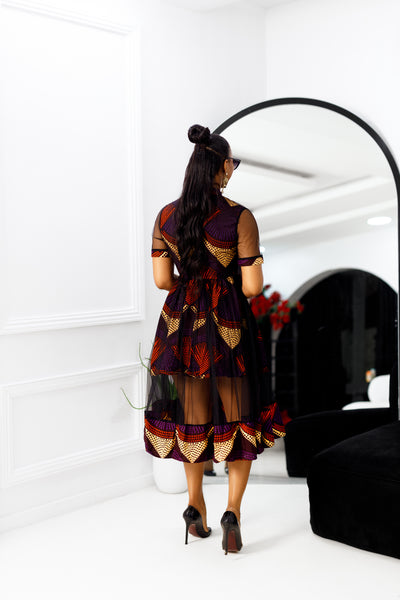 VALENTINA AFRICAN PRINT BUTTON MESH DRESS [PURPLE]