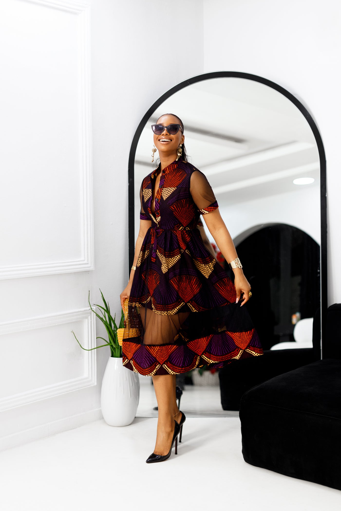 VALENTINA AFRICAN PRINT BUTTON MESH DRESS [PURPLE]