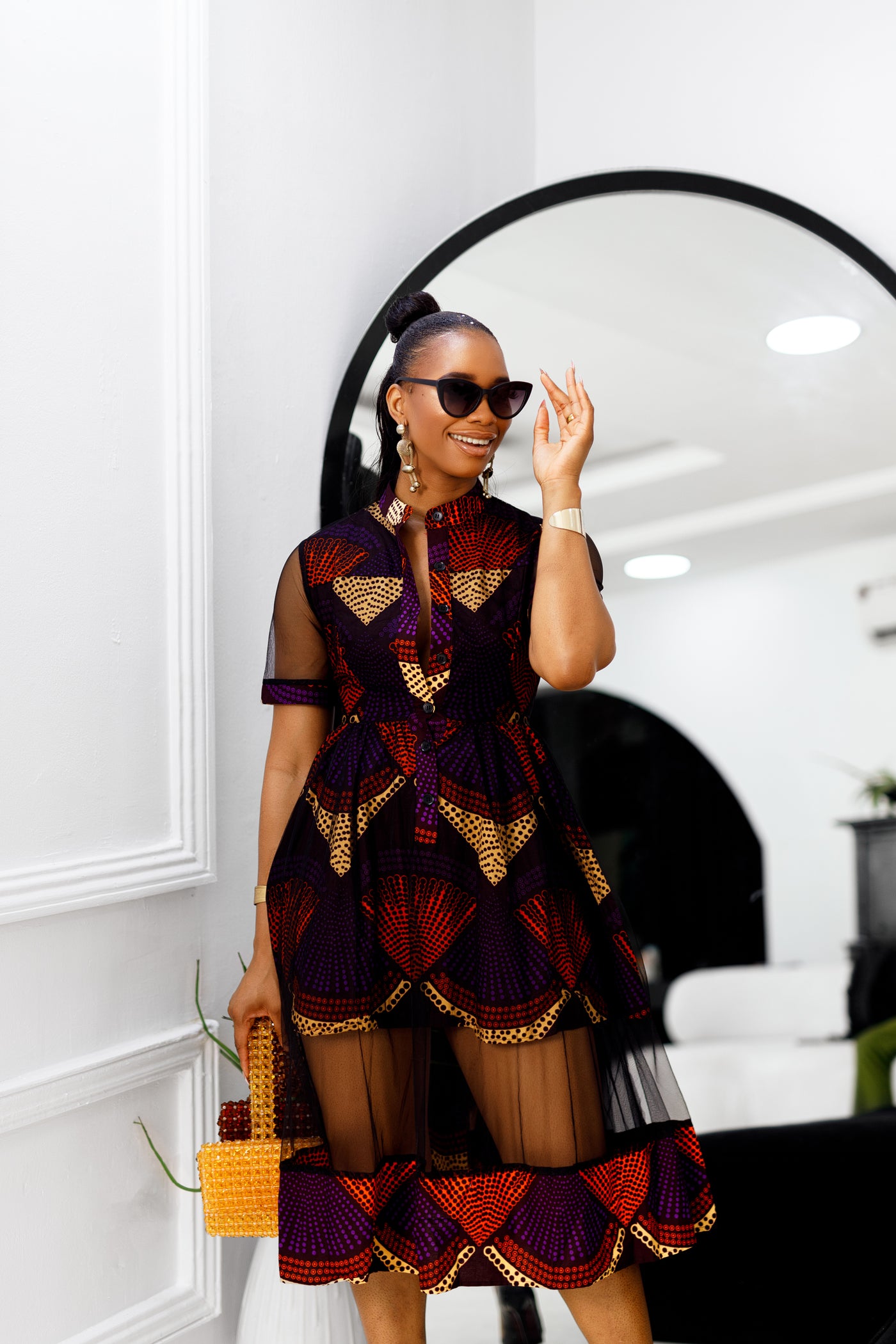 VALENTINA AFRICAN PRINT BUTTON MESH DRESS [PURPLE]