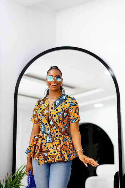DUNNI AFRICAN PRINT FRONT ZIP PEPLUM TOP [YELLOW]