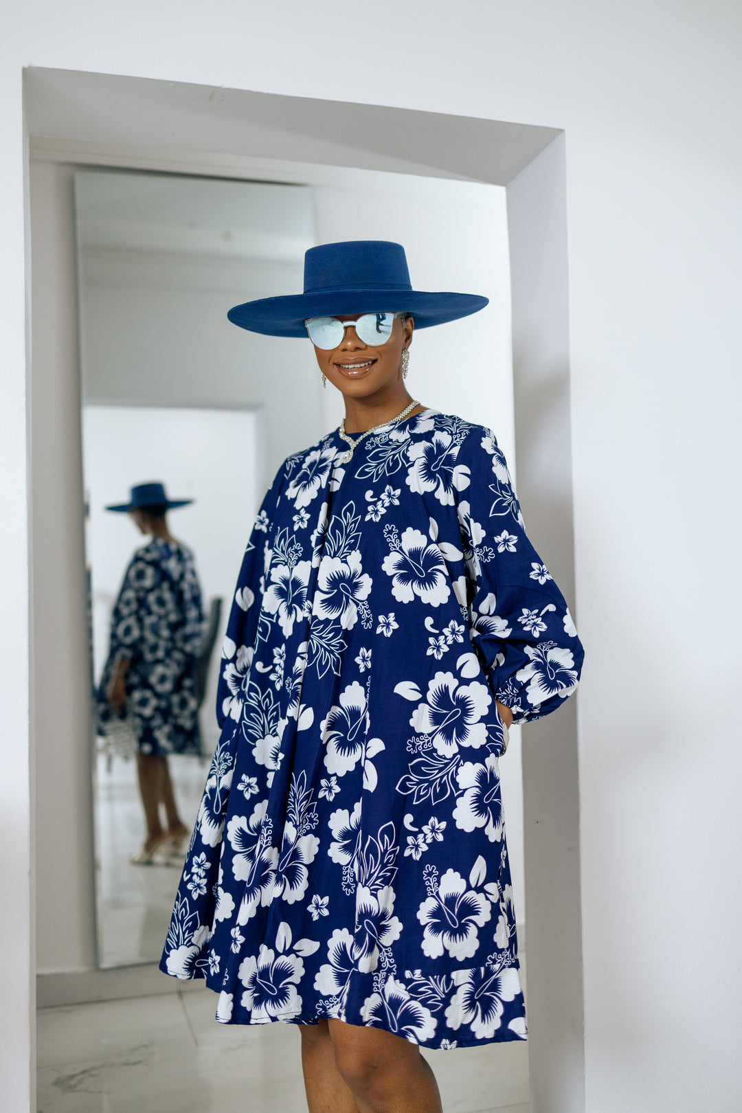 AMINA AFRICAN PRINT DRESS A-LINE DRESS [BLUE PRINT]
