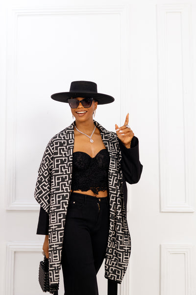 DONNA REVERSIBLE AFRICAN PRINT WOOL  PONCHO [BLACK]