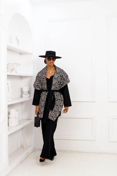 DONNA REVERSIBLE AFRICAN PRINT WOOL  PONCHO [BLACK]