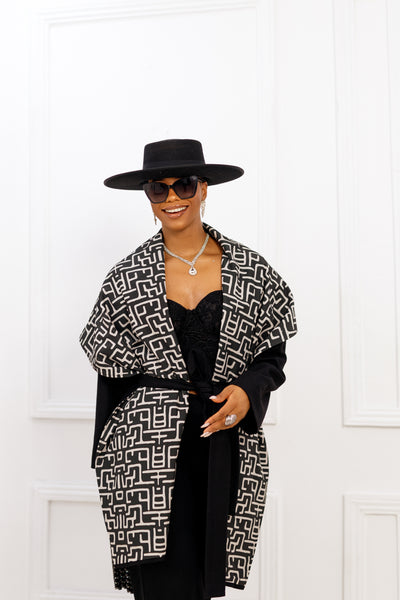 DONNA REVERSIBLE AFRICAN PRINT WOOL  PONCHO [BLACK]