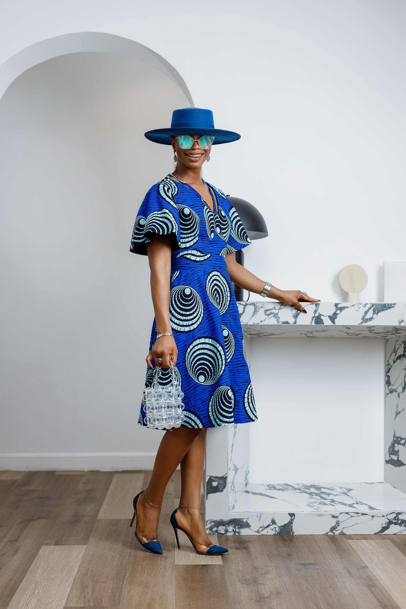 TOSIN AFRICAN PRINT FLUTTER SLEEVE DRESS [BLUE]