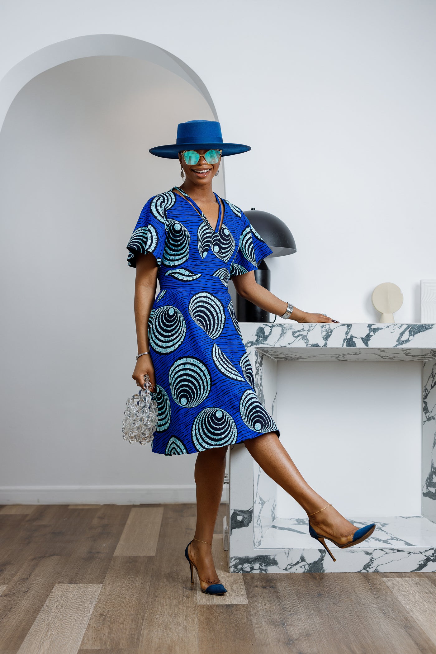 TOSIN AFRICAN PRINT FLUTTER SLEEVE DRESS [BLUE]