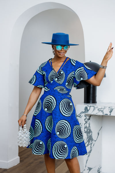 TOSIN AFRICAN PRINT FLUTTER SLEEVE DRESS [BLUE]