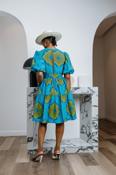 BUNMI AFRICAN PRINT MIDI DRESS [TEAL BLUE]