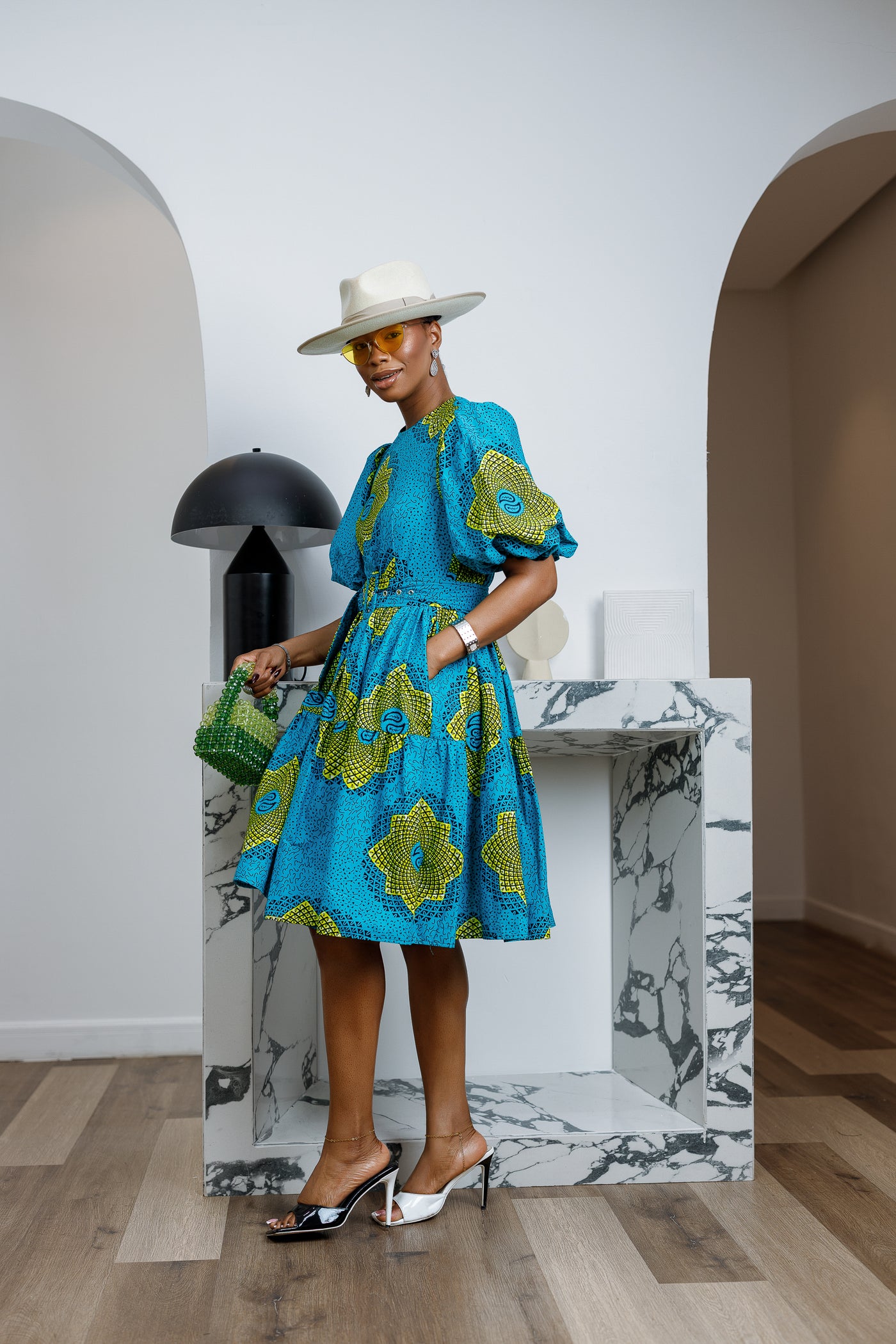 BUNMI AFRICAN PRINT MIDI DRESS [TEAL BLUE]