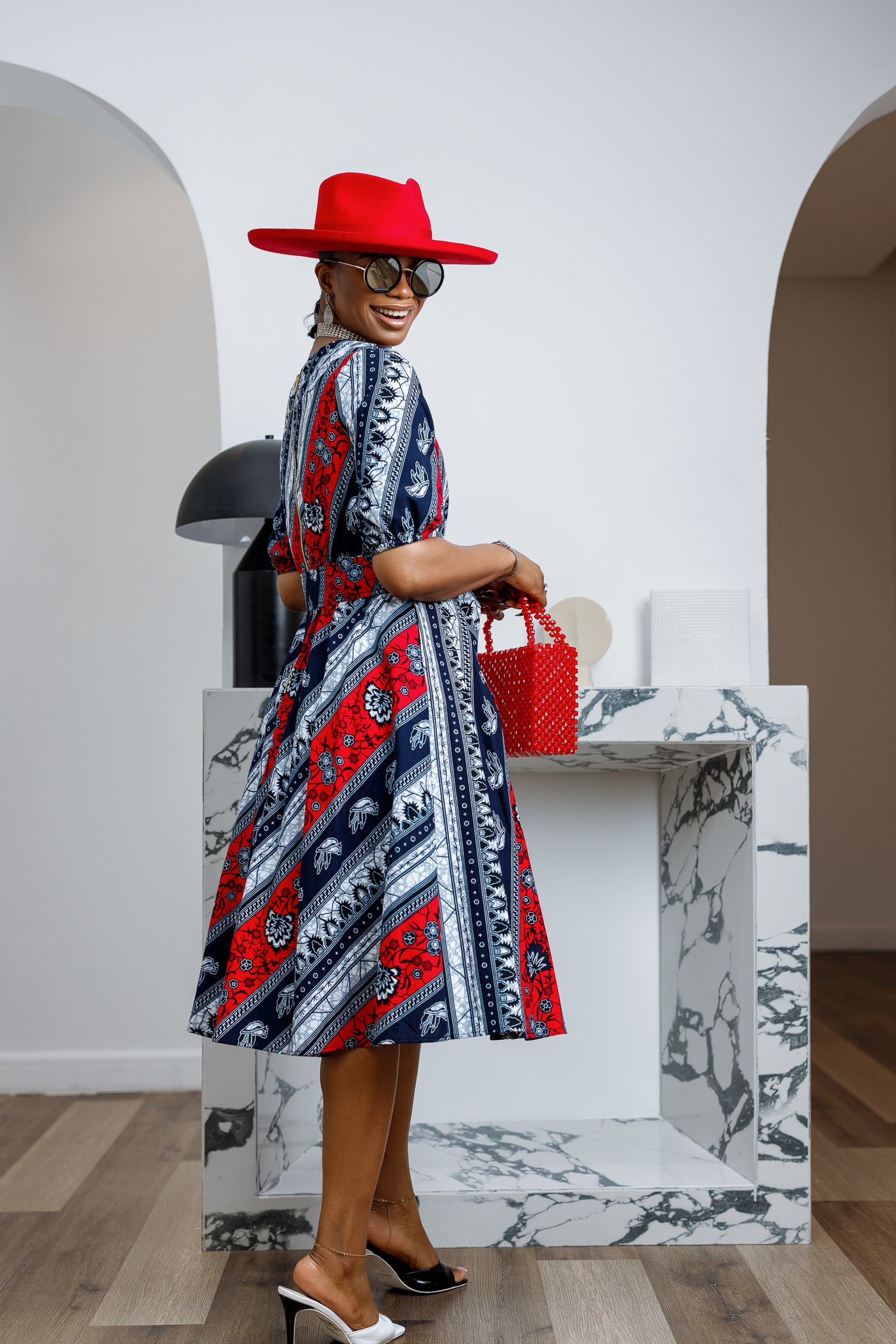 ROLU AFRICAN PRINT OFF SHOULDER DRESS [RED]