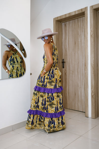 LABI AFRICAN PRINT CRISSCROSS TIERED MAXI DRESS