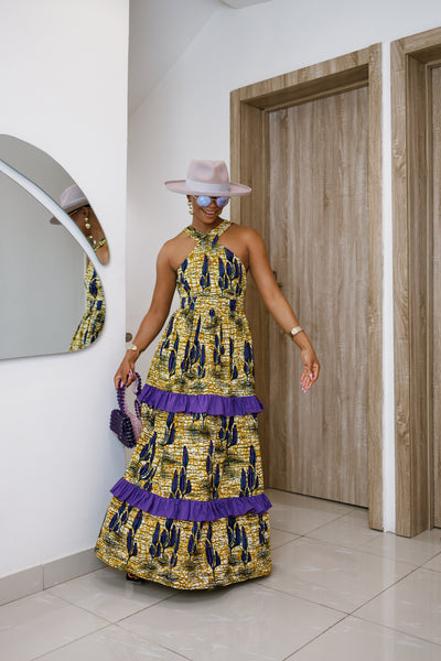 LABI AFRICAN PRINT CRISSCROSS TIERED MAXI DRESS