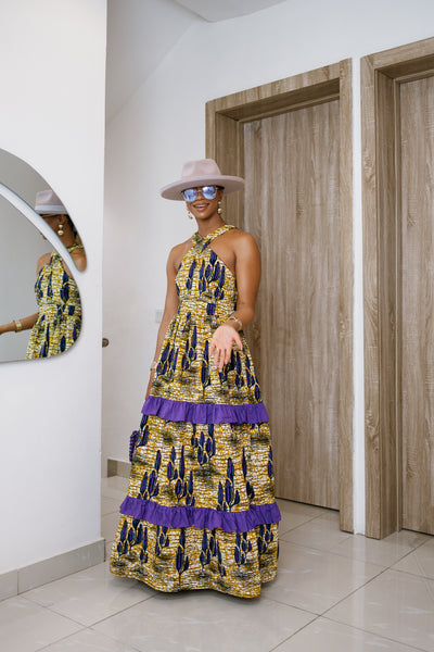 LABI AFRICAN PRINT CRISSCROSS TIERED MAXI DRESS